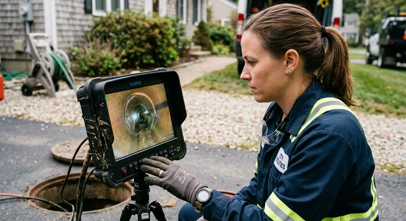 Technician reviewing sewer camera inspection footage in Bailey's Crossroads