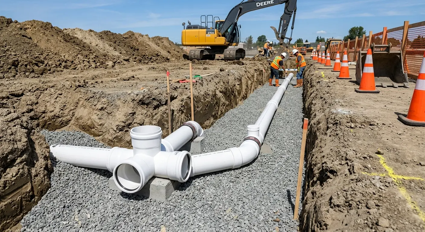 New PVC sewer pipe installation in open trench for Sewer Backup in Bailey's Crossroads