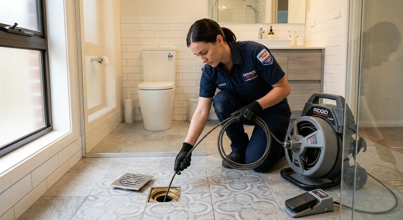 Technician clearing a bathroom floor drain for Drain Cleaning in Bailey's Crossroads